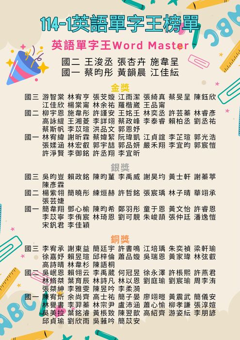 <公告>114-1 國中部 英語單字王 Word Master 競賽獲獎名單圖片