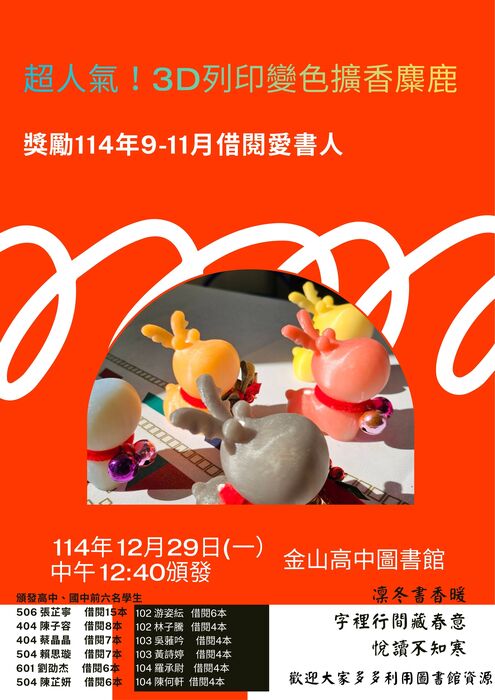 ★【圖書館公告】「書香聖誕 分享愛與喜悅」特別企劃－借閱愛書人名單公告，恭喜獲獎同學～圖片