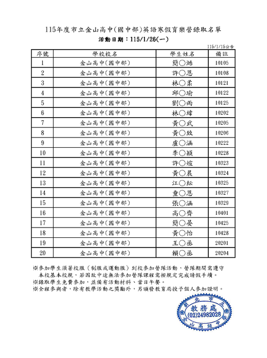 【營隊活動】115年度市立金山高中(國中部)英語寒假育樂營錄取名單圖片