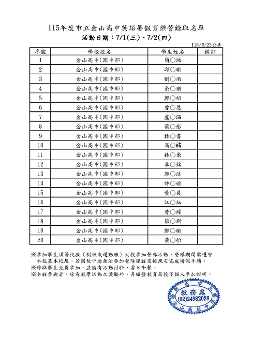 115年度市立金山高中(國中部)英語暑假育樂營錄取名單0623