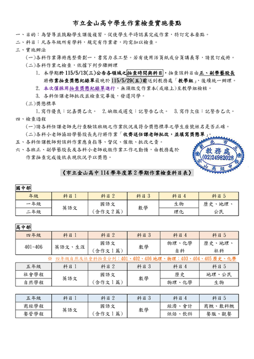 114-2市立金山高中學生作業檢查實施要點(高國一二)